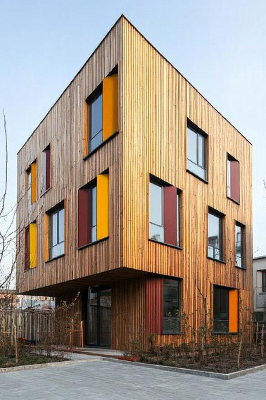 Contemporary wooden cube building with colorful window panels