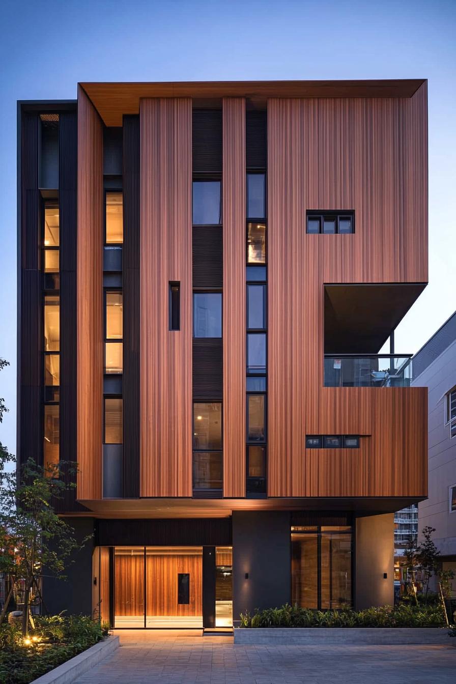 Contemporary building facade with vertical wooden panels