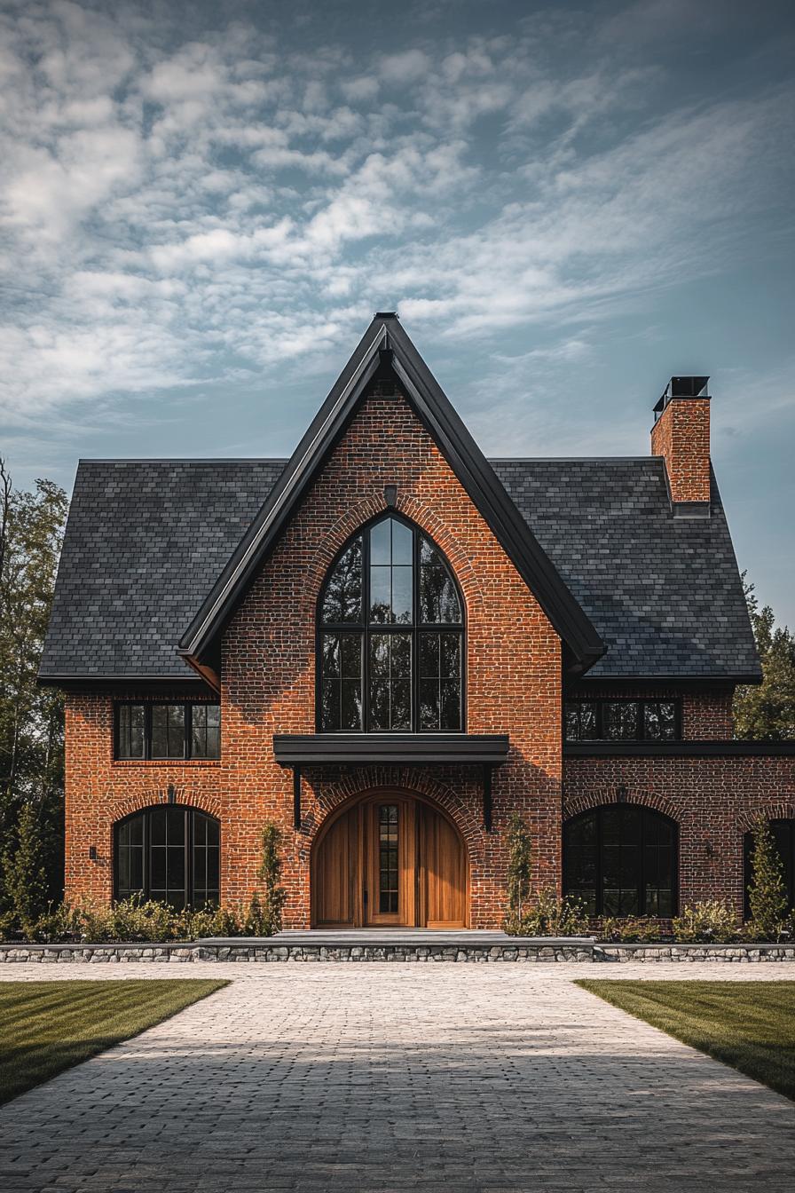 Elegant brick farmhouse with dramatic arch window