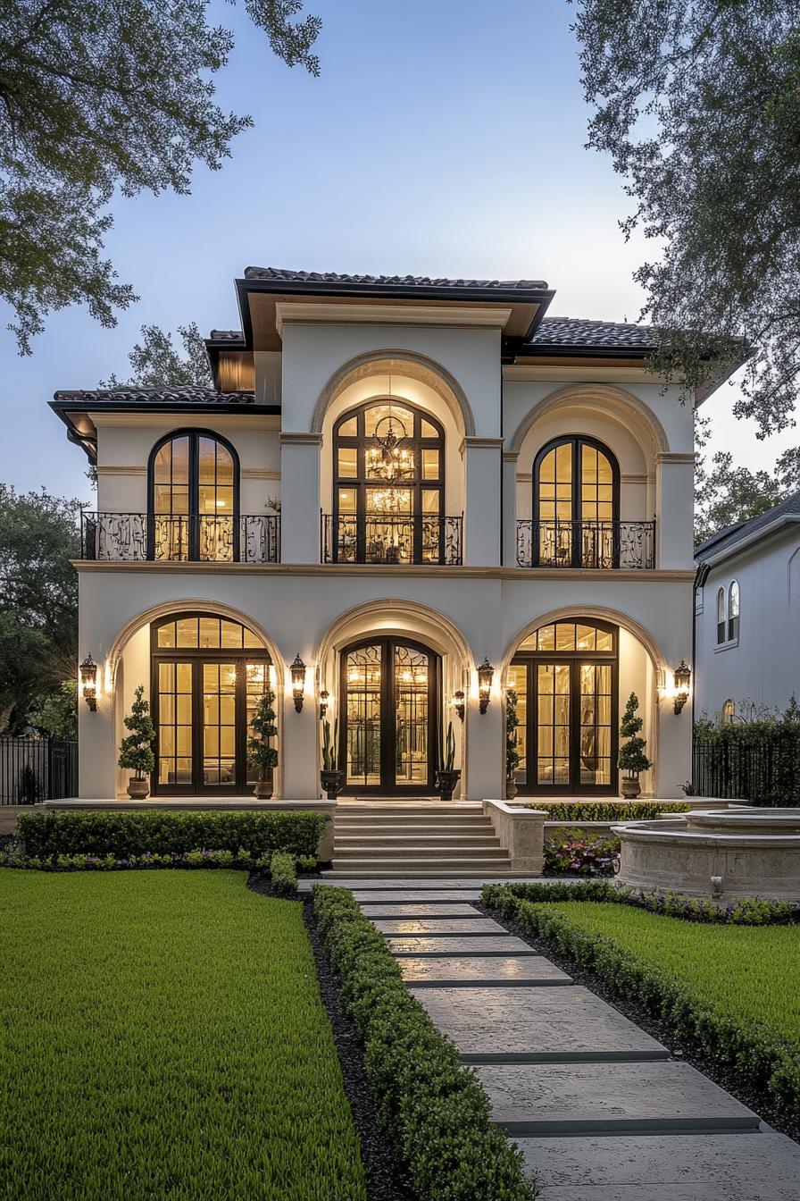 Stately modern house with large arched windows and lush front garden