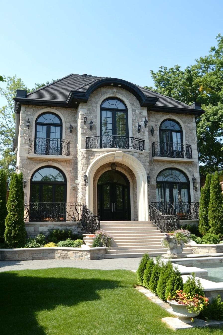 Elegant stone facade with arched windows and lush greenery