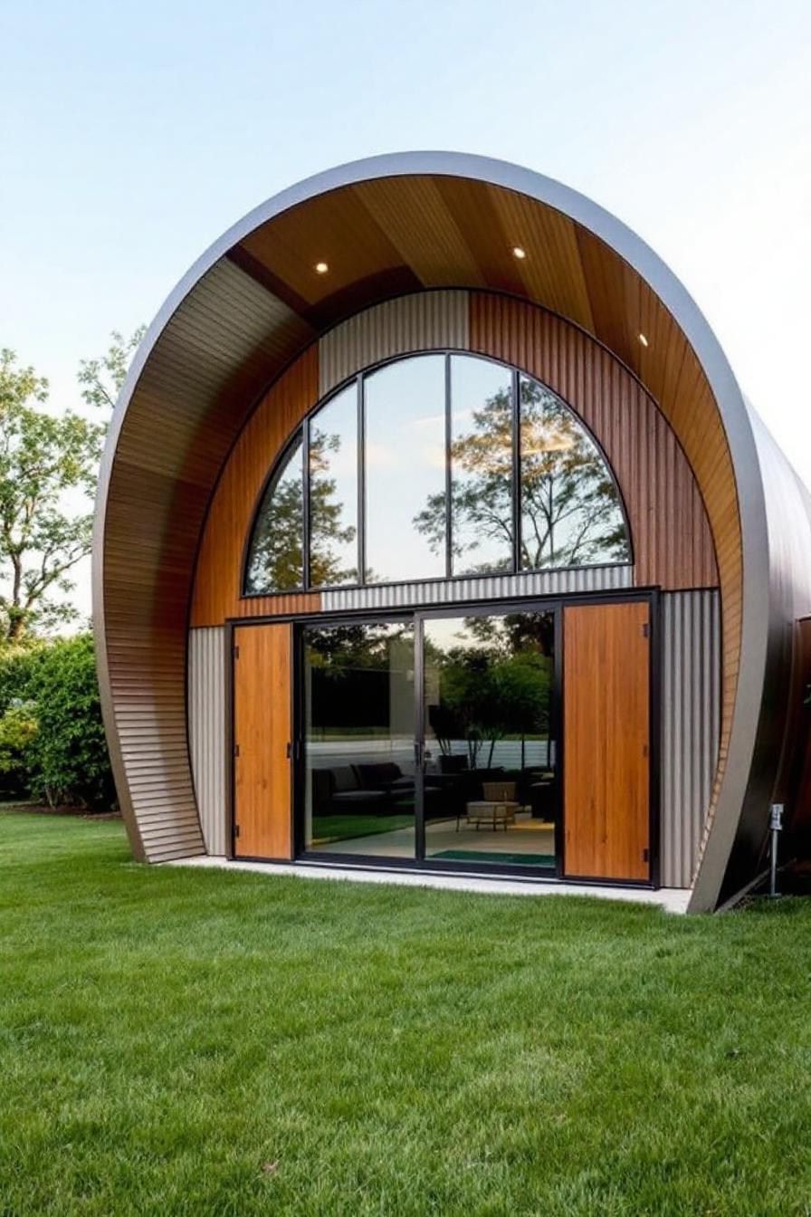 Curved metal structure with wooden accents and large glass doors