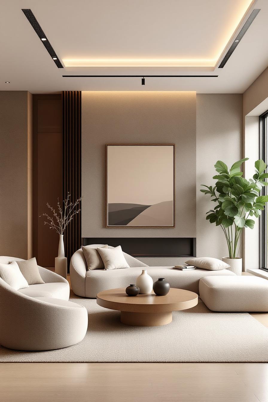 Minimalist living room with neutral tones and cozy seating