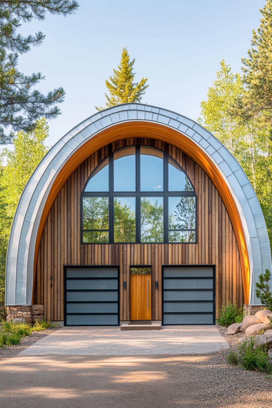 Modern Quonset-style home with large windows set in nature