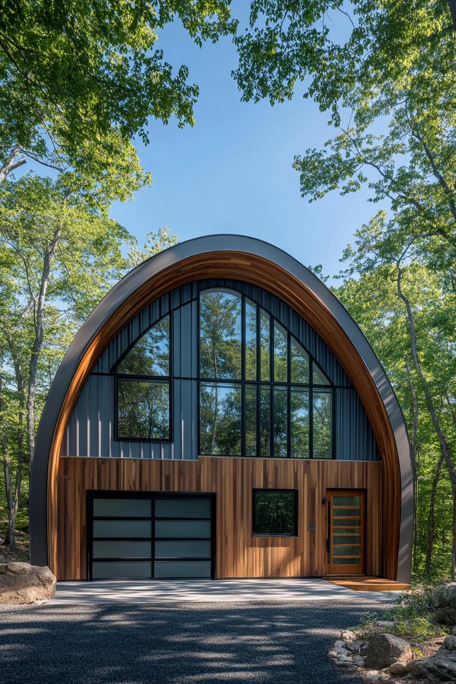 Quonset hut with wooden and glass facade in forest