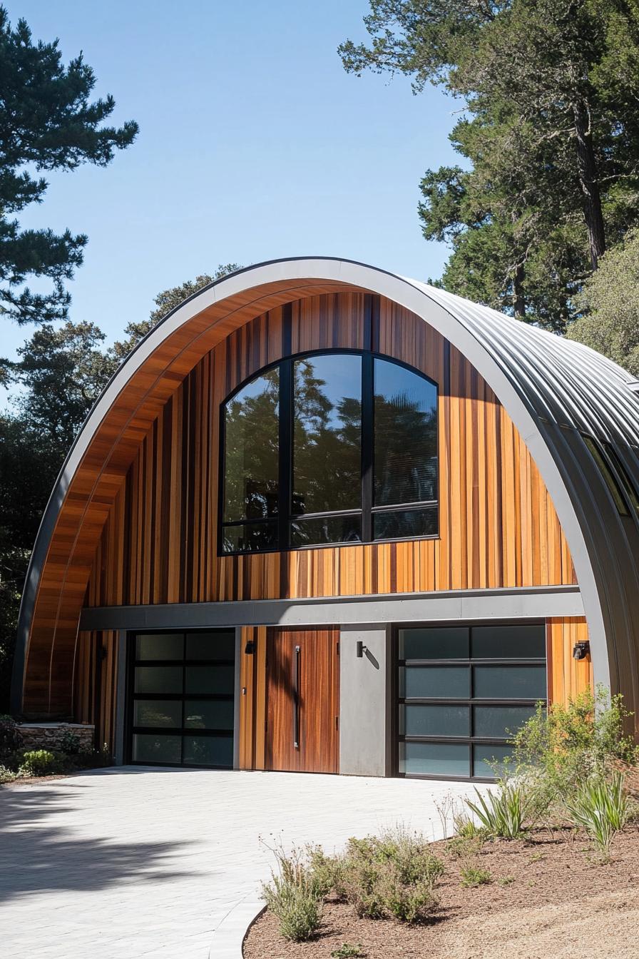 Front view of a Quonset hut-style home with wood paneling