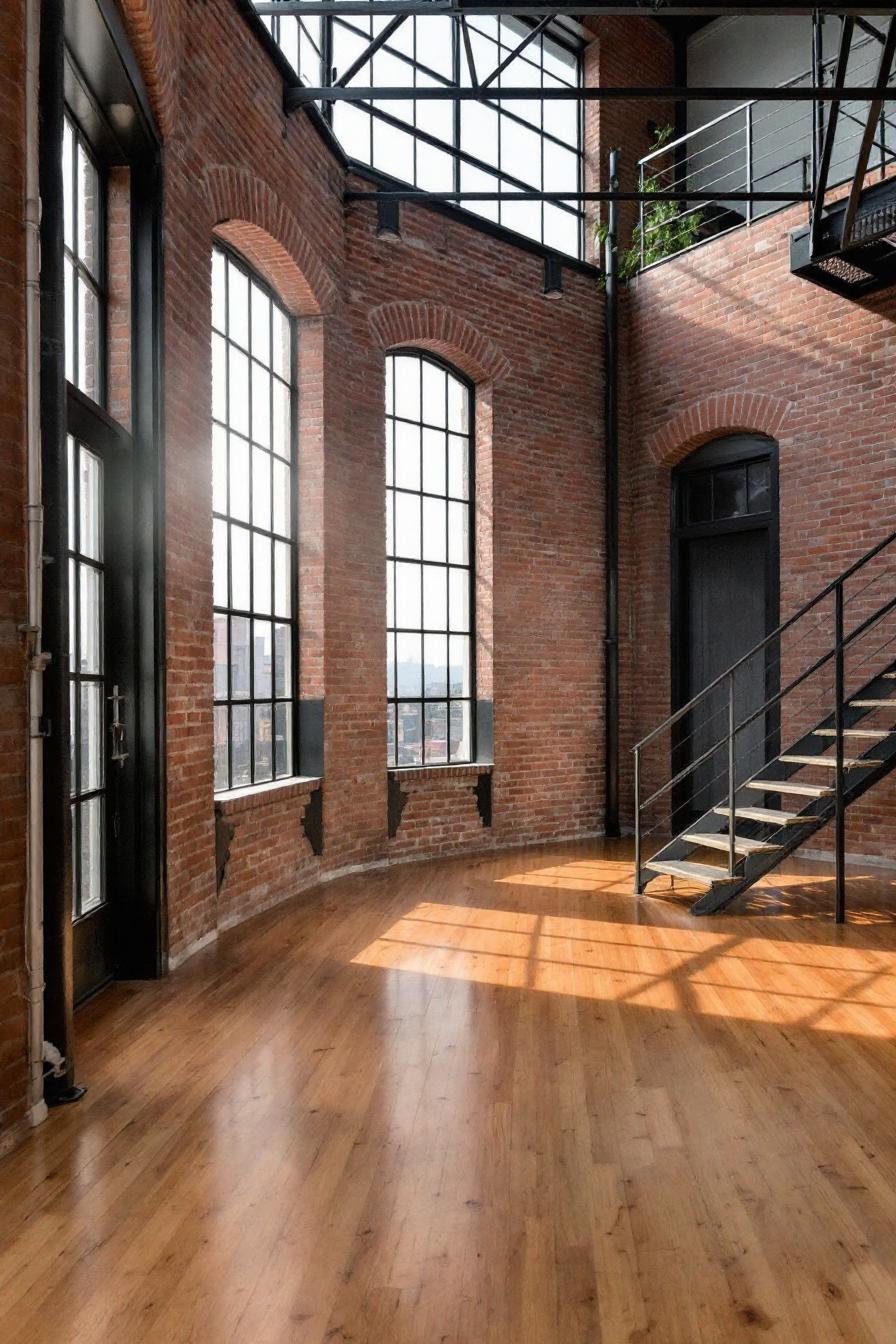 Sunlit space with brick walls and large windows