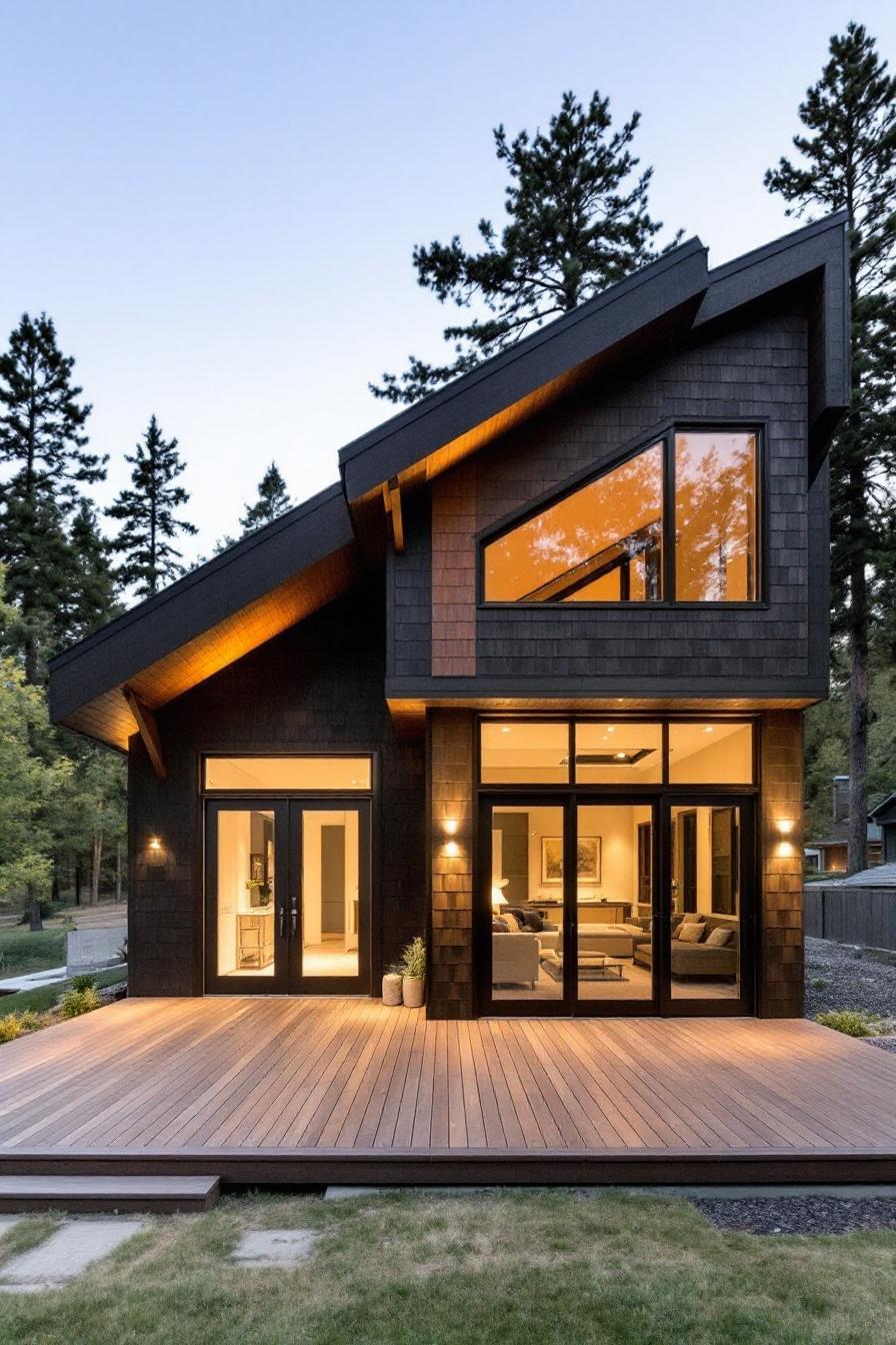 Cozy modern craftsman house with large windows and a wooden deck