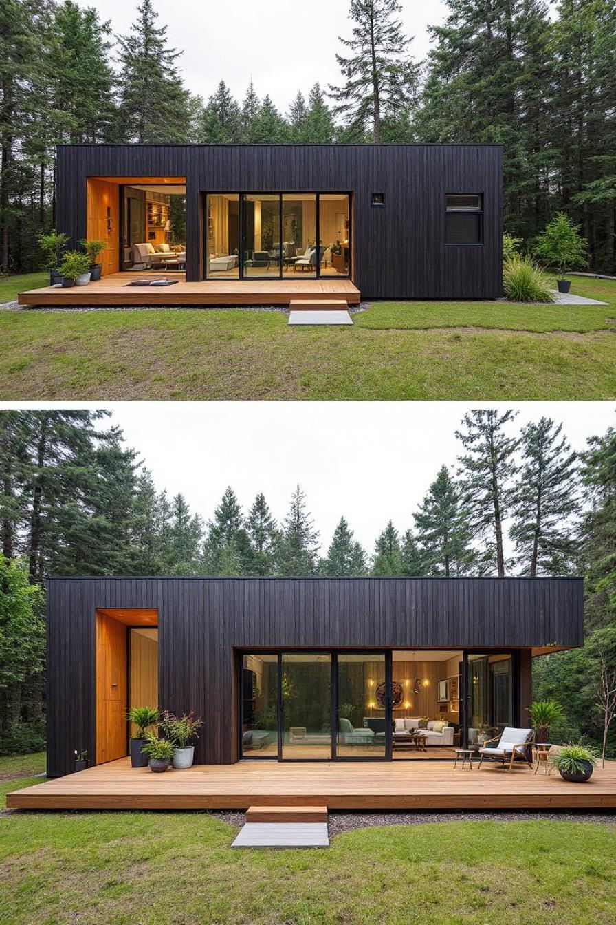 Sleek modern cabin with wooden accents surrounded by trees