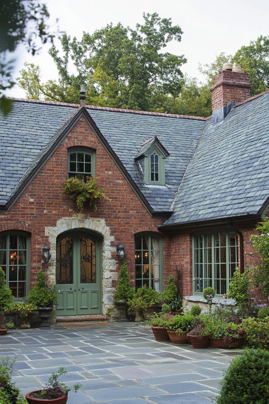 Elegant brick house with a slate roof and green doors