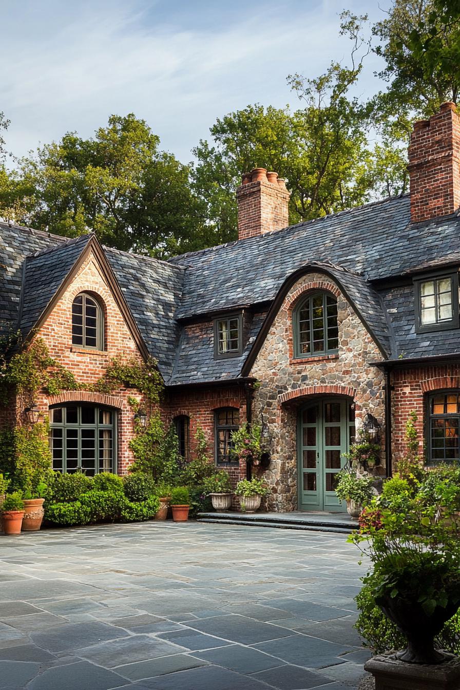 Classic cottage surrounded by a paved courtyard