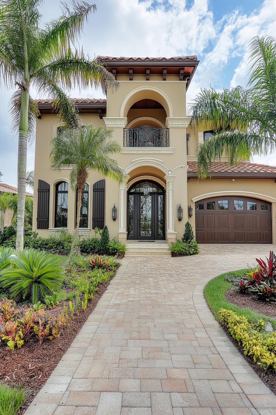 Tuscan house with arched entrance and lush landscaping