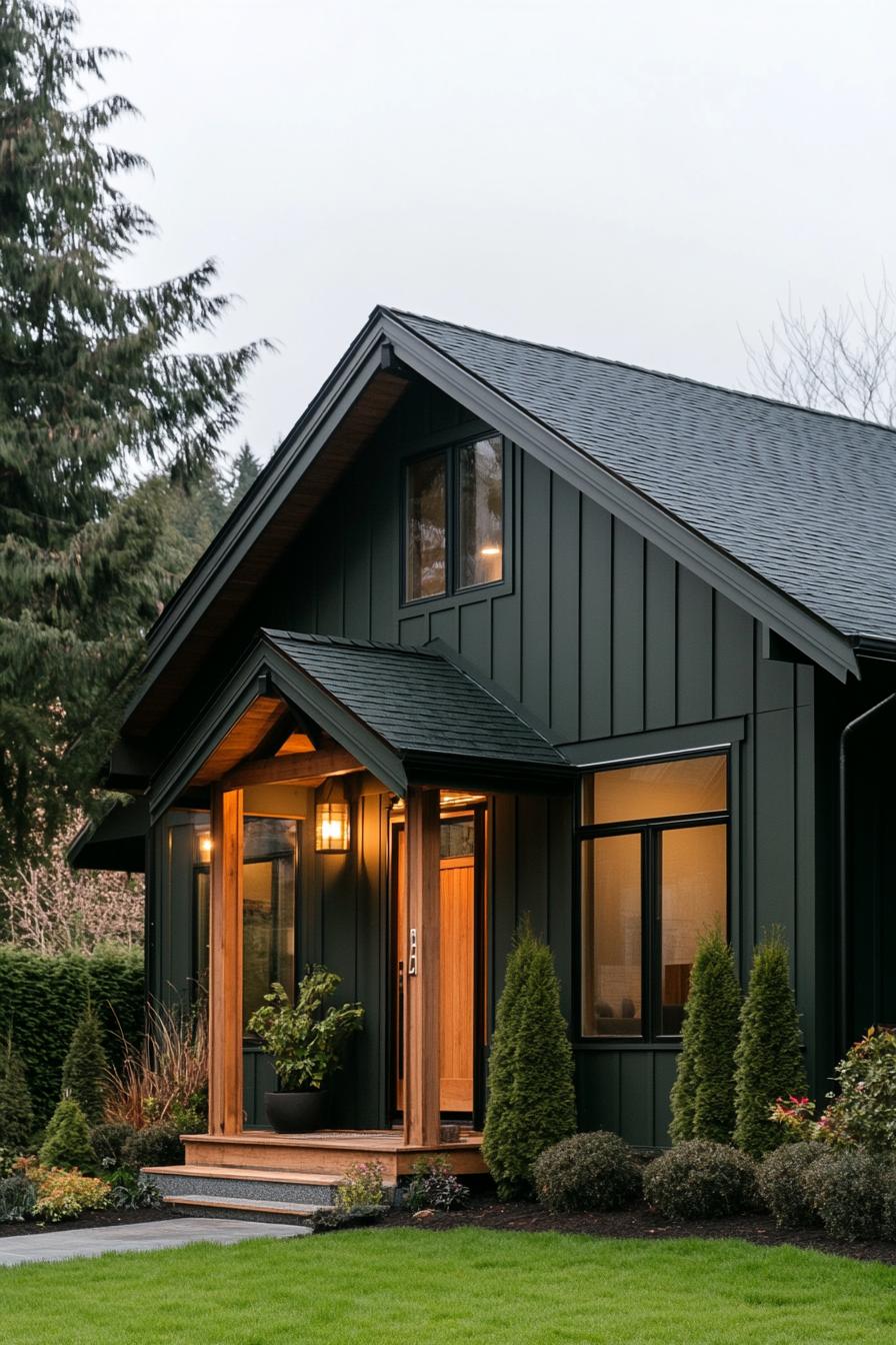 Cozy black cottage with wooden accents amidst lush greenery