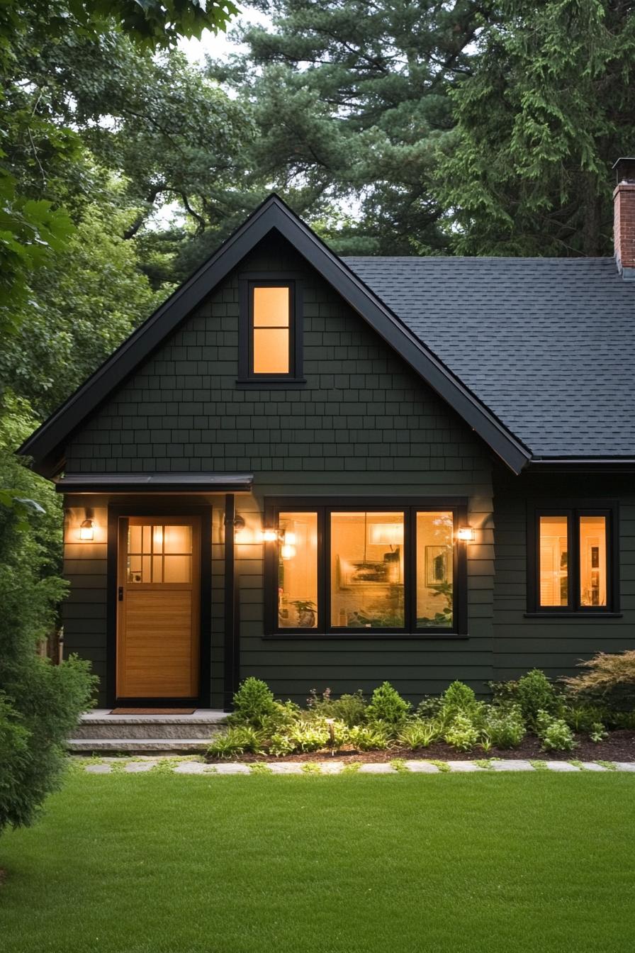 Cozy forest cottage with warm lights glowing