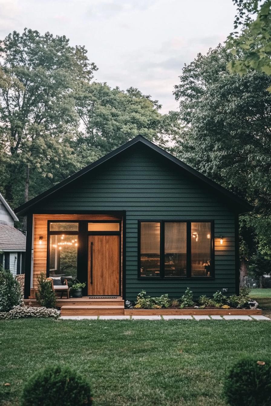 Cozy green cabin with large windows amidst trees