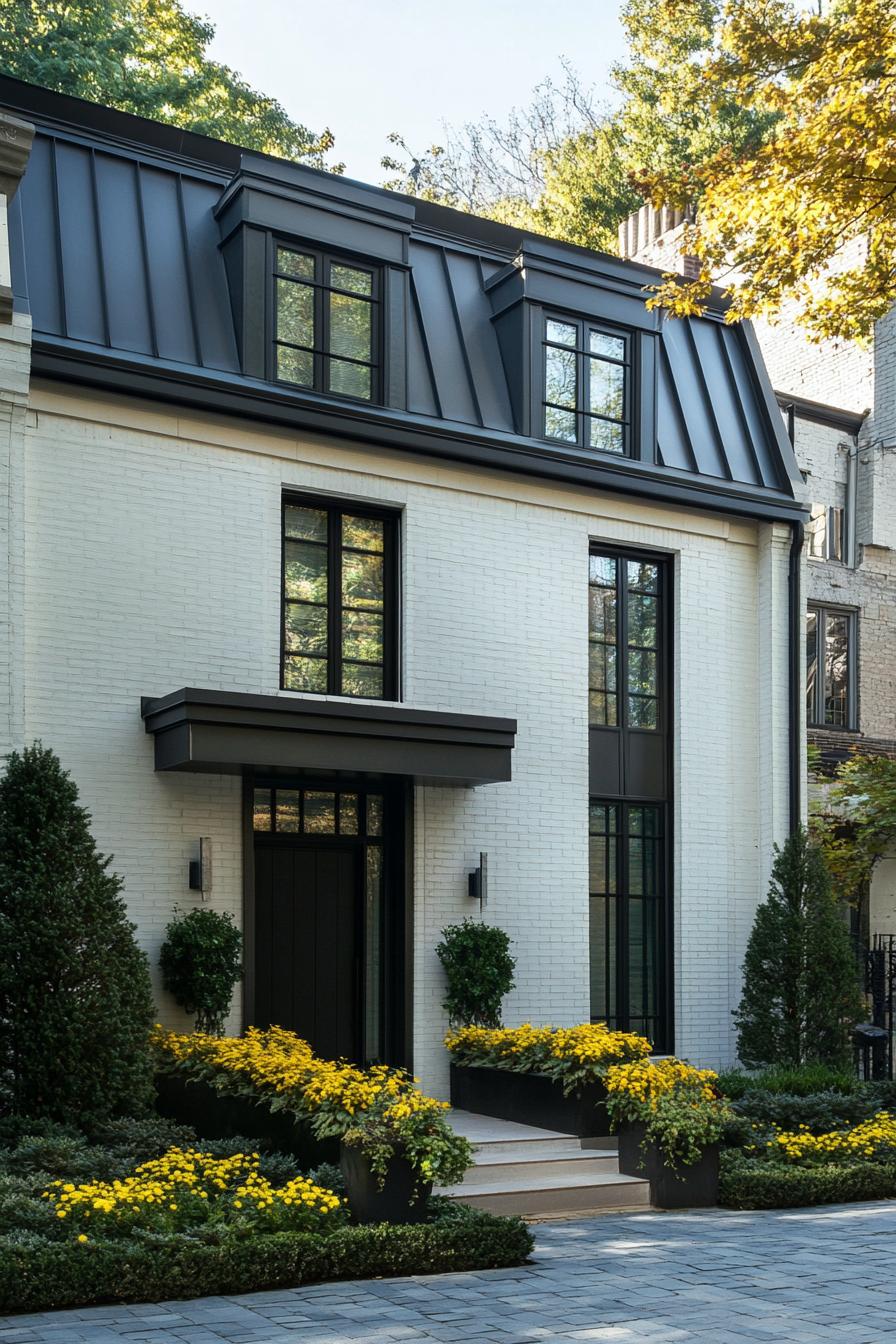 Modern townhouse facade with lush garden