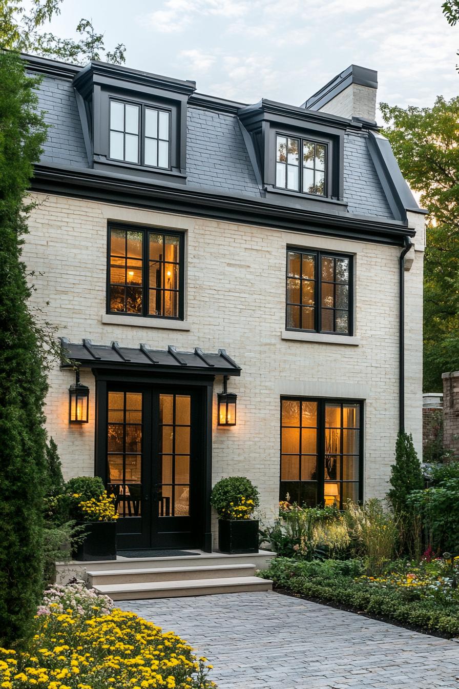 Charming brick townhouse with black trim and lush gardens