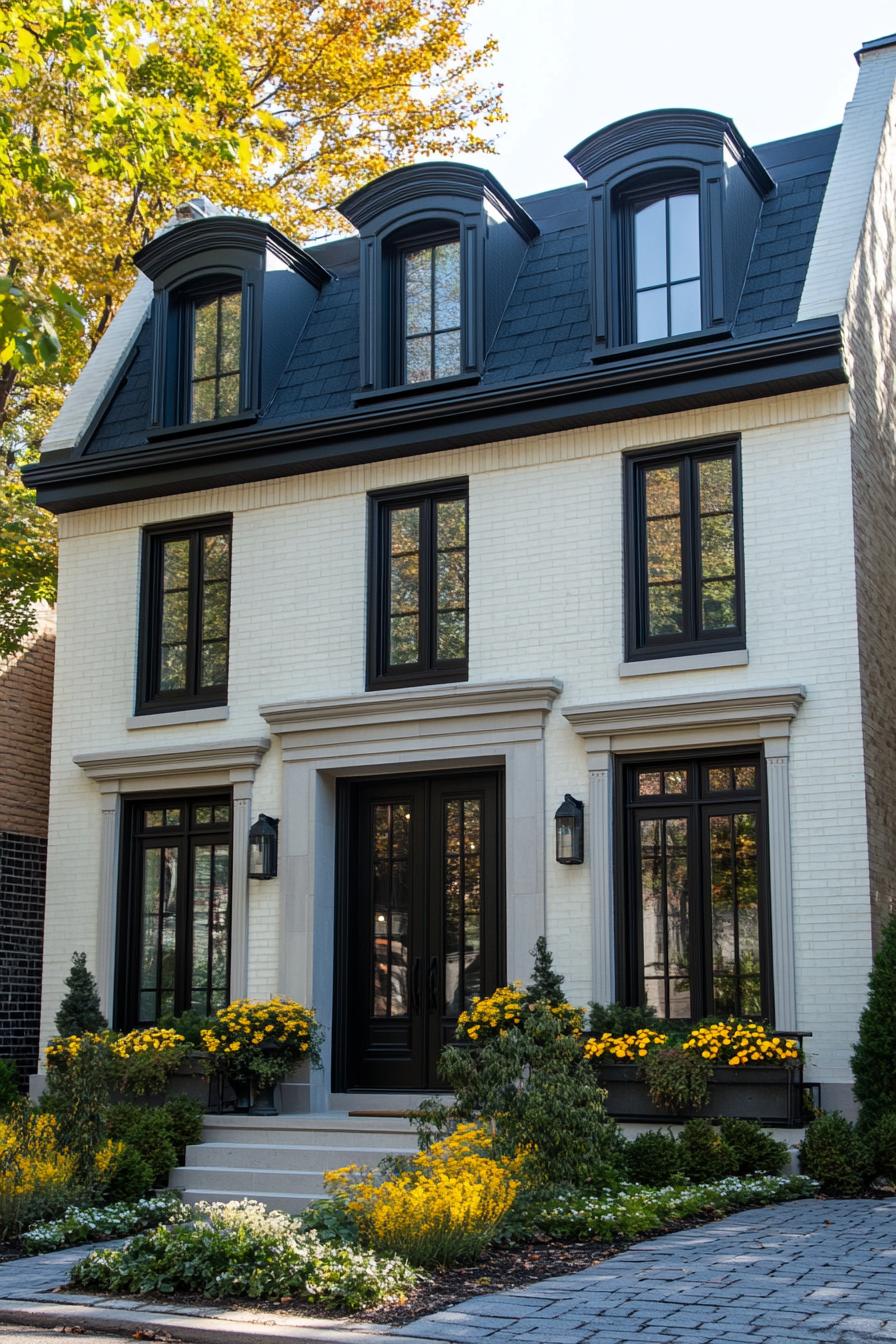 Elegant townhouse with black-framed windows and garden