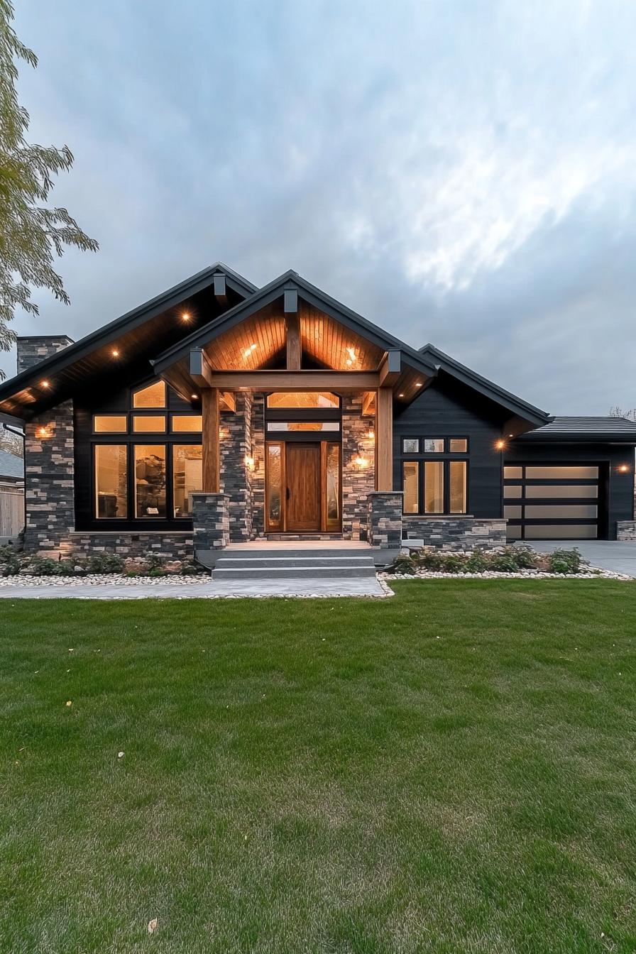 Modern ranch-style house with stone facade and large windows