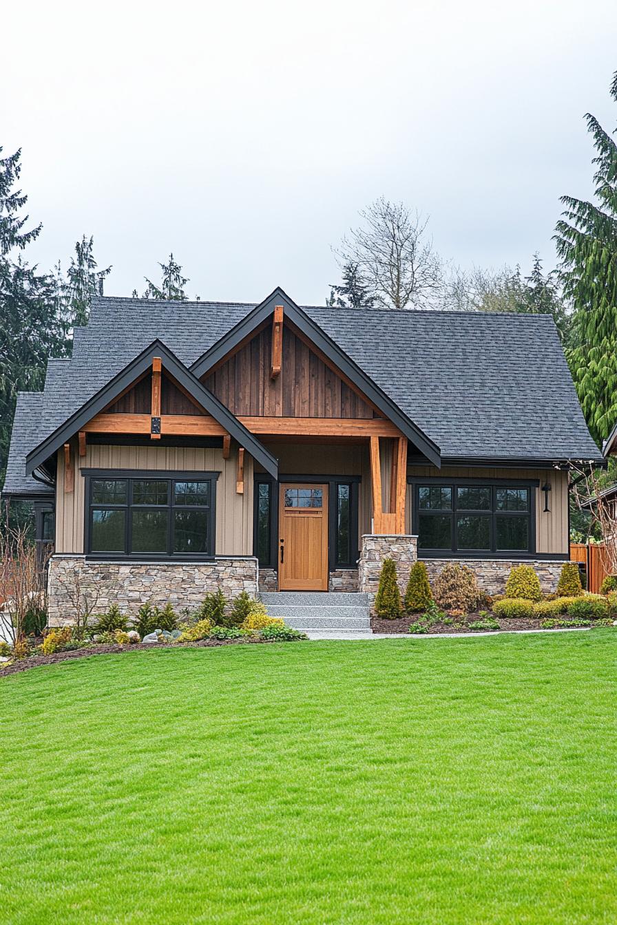 Charming ranch house with a grey roof surrounded by greenery