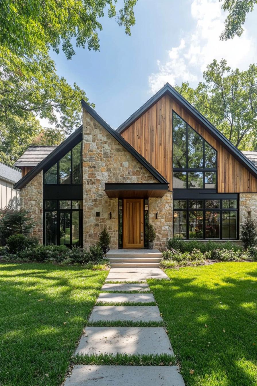 Modern ranch house with stone and wood exterior