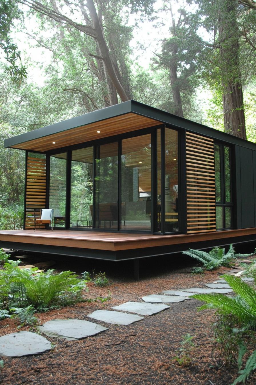 Minimalist house with large windows surrounded by trees