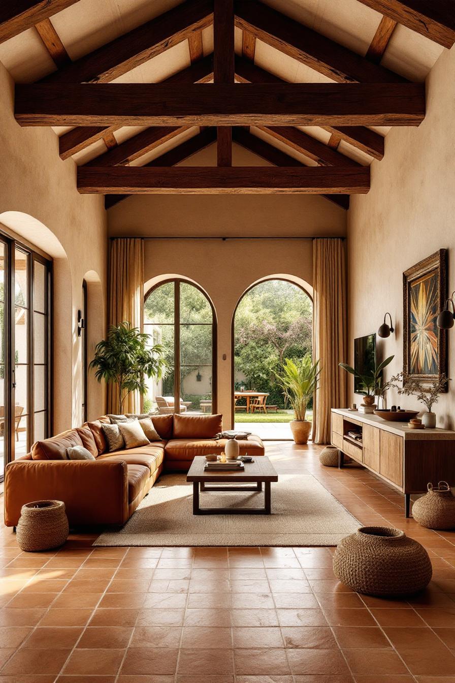 Elegant living room with arched windows and wooden beams