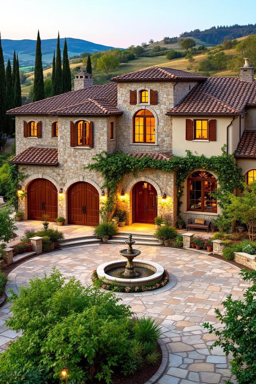 A grand Tuscan house with stone arches and a charming fountain