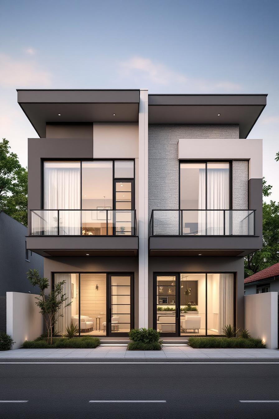 Modern duplex house with large glass doors and balconies