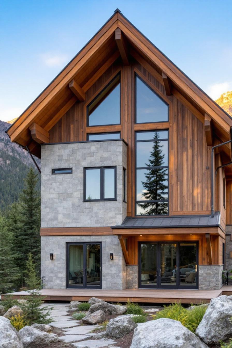 Rustic wood and stone cabin nestled in the mountains