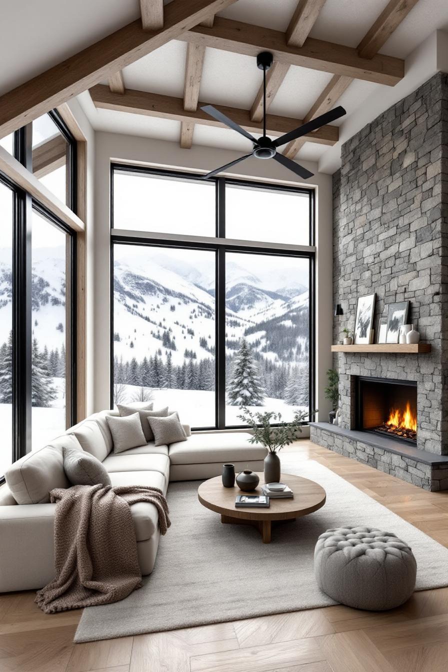 Cozy living room with a stone fireplace and large windows overlooking snow-capped mountains