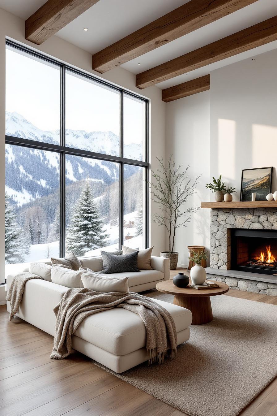 Sunlit modern cabin living room with mountain view