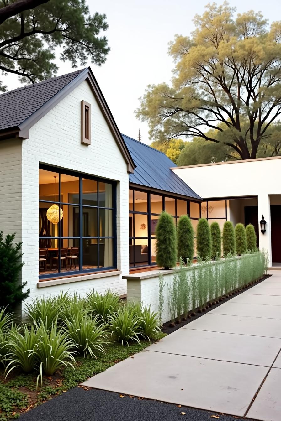 Modern ranch home with white brick and large windows