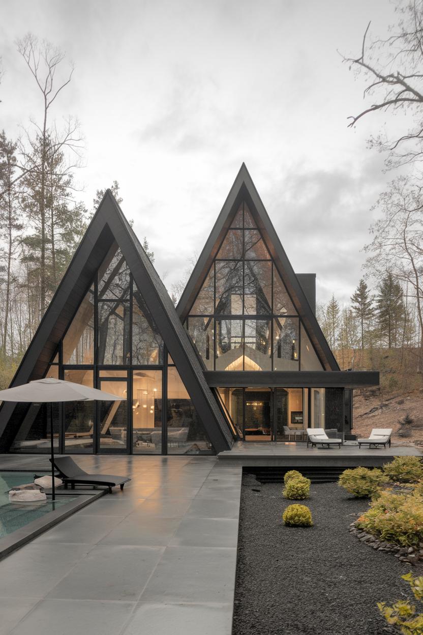 Modern triangular house with glass front and sleek surroundings