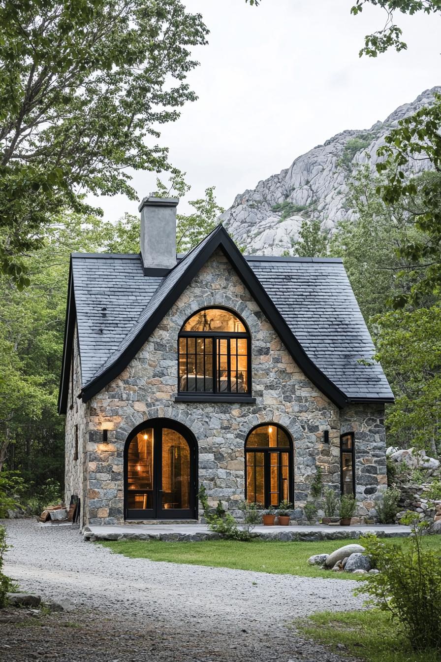 Stone cottage with arched windows and lush surroundings