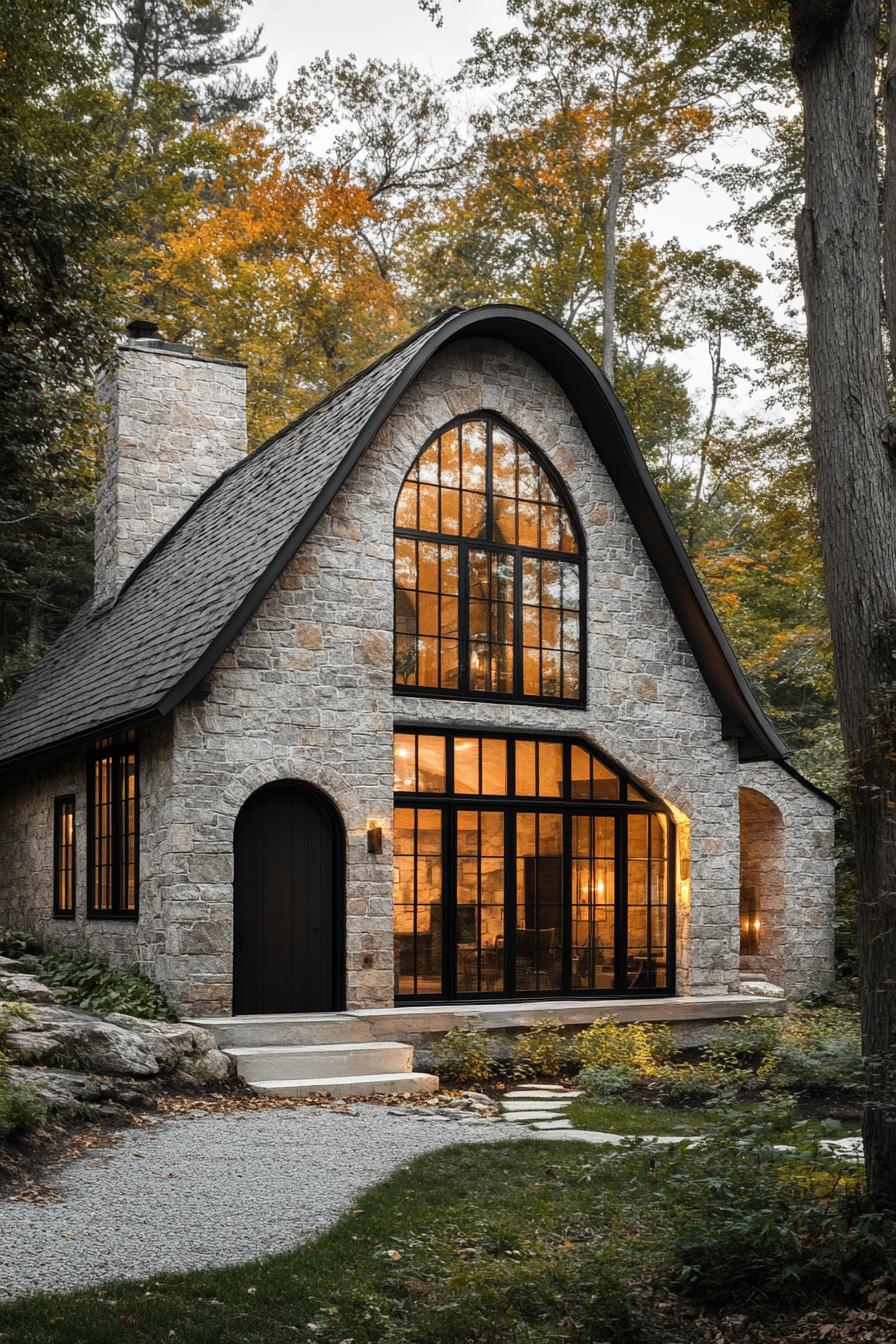 Stone cottage with large arched windows surrounded by autumn foliage