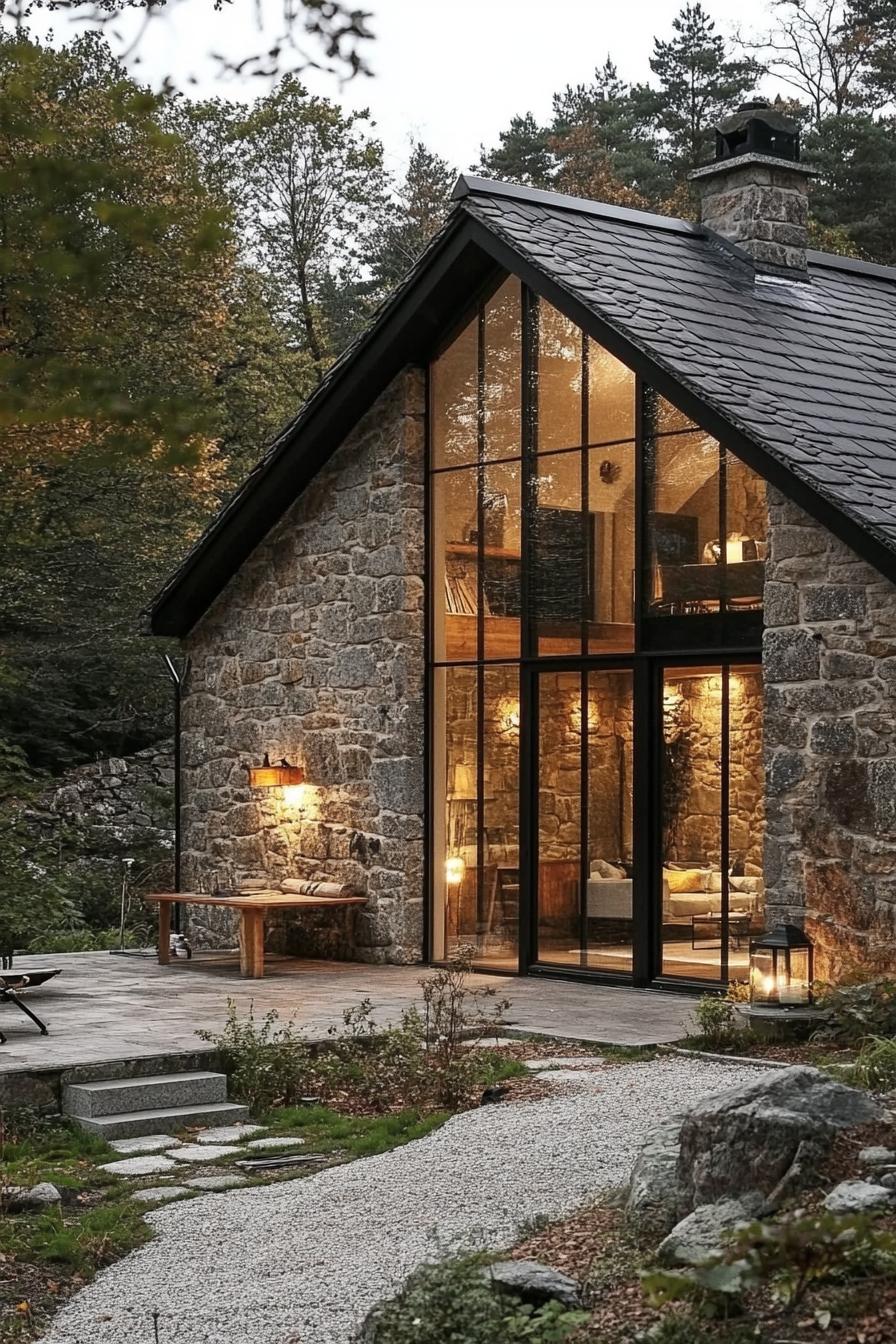 Cozy stone cottage nestled in a wooded area with large glass windows