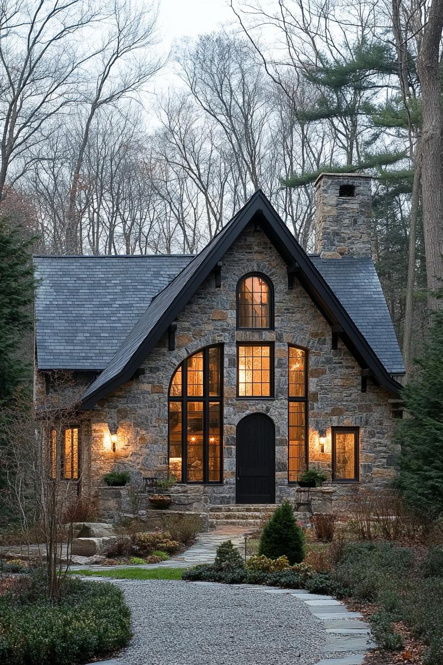 Cozy stone cottage with soft glowing lights, surrounded by trees