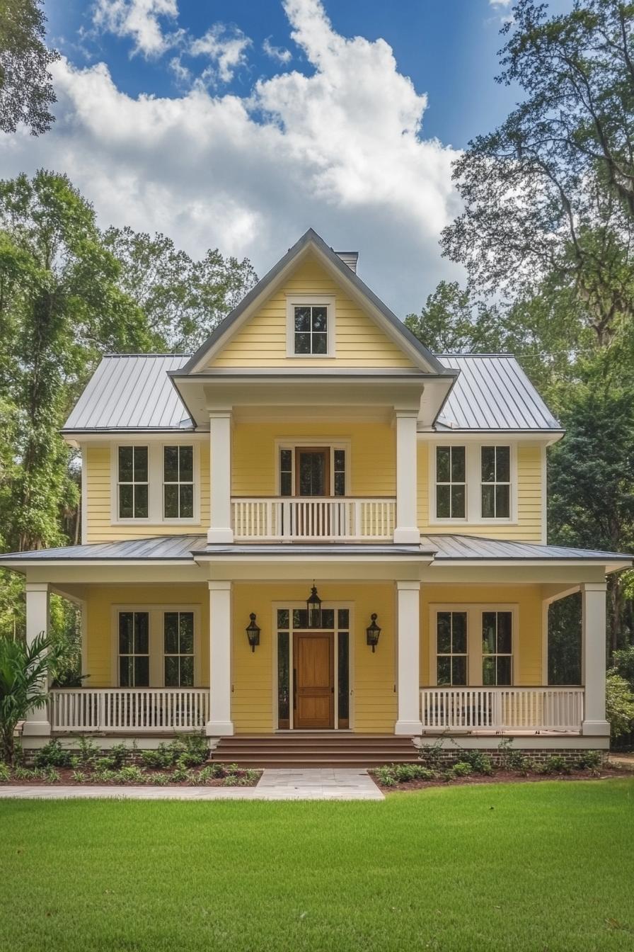 Bright yellow house with white trim and a spacious porch