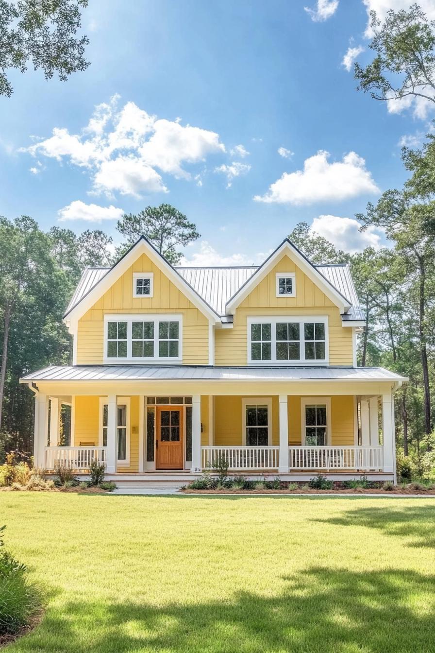 Yellow house with a charming front porch set against a clear blue sky