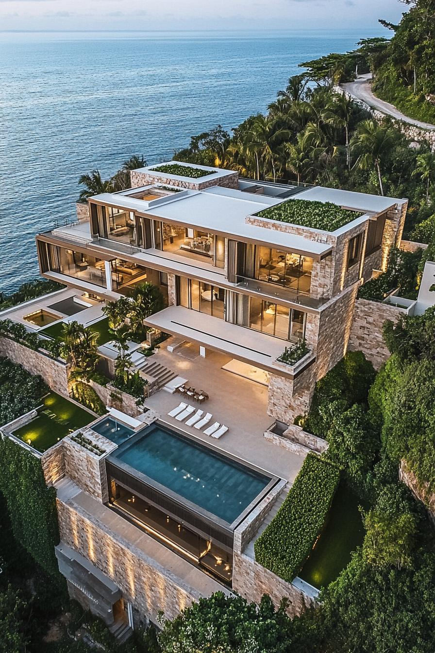 Opulent mansion perched above the ocean with an infinity pool