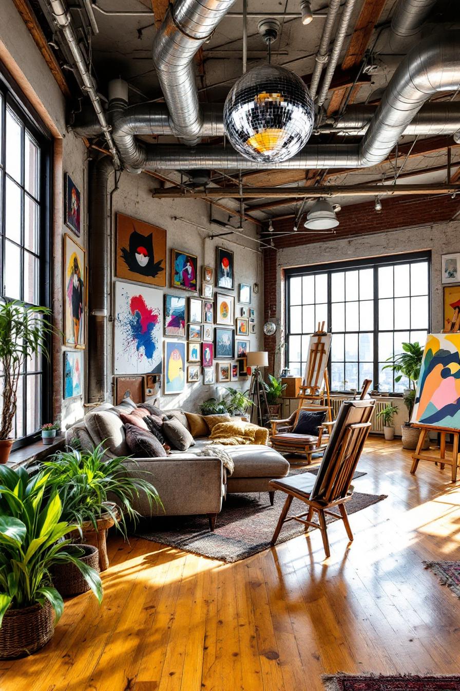 Loft apartment with vibrant decor and large windows