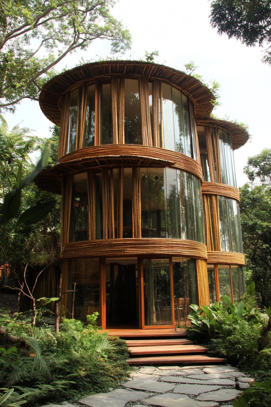 Circular bamboo house with towering glass windows nestled in lush greenery