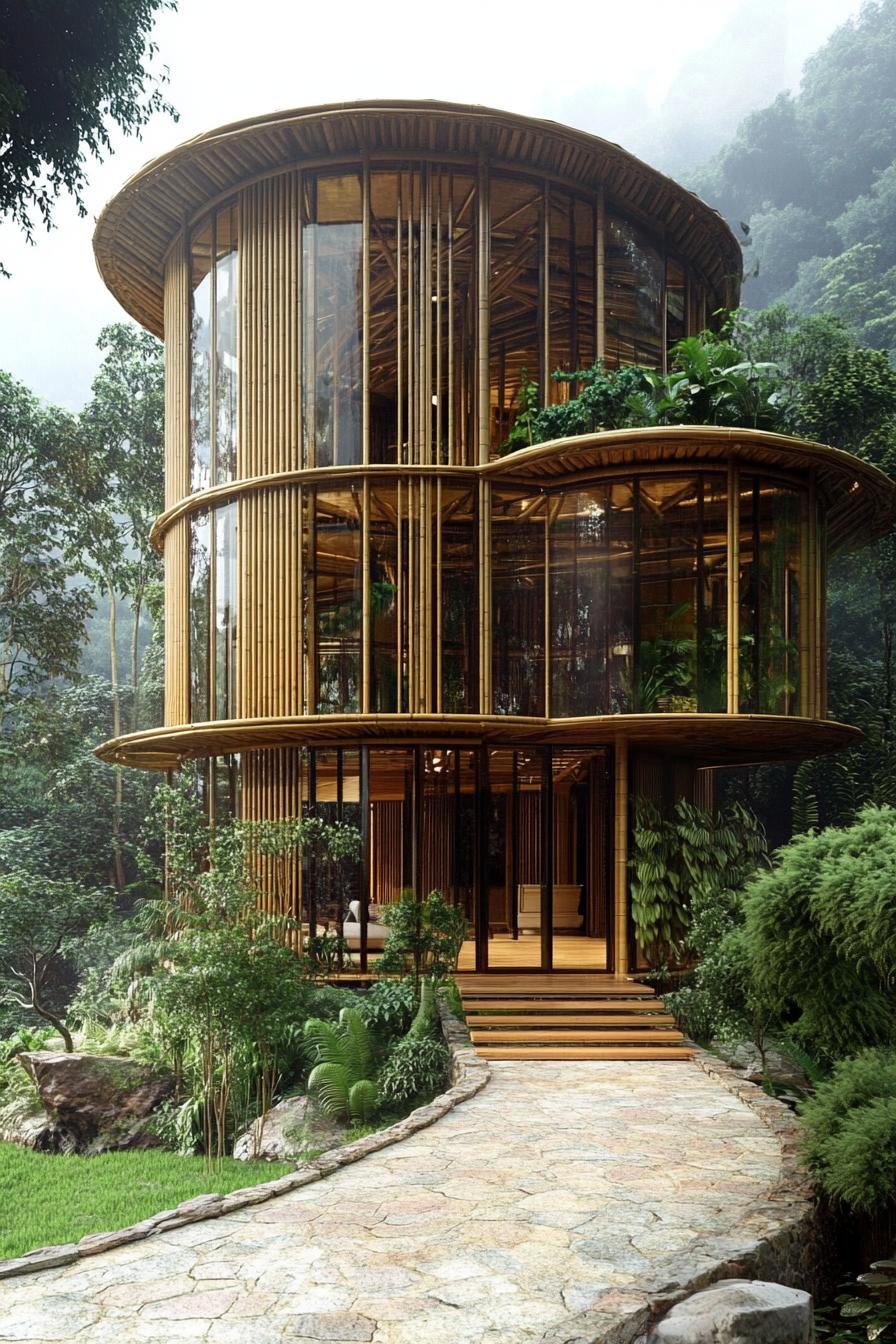 Round bamboo house with large glass windows surrounded by lush greenery