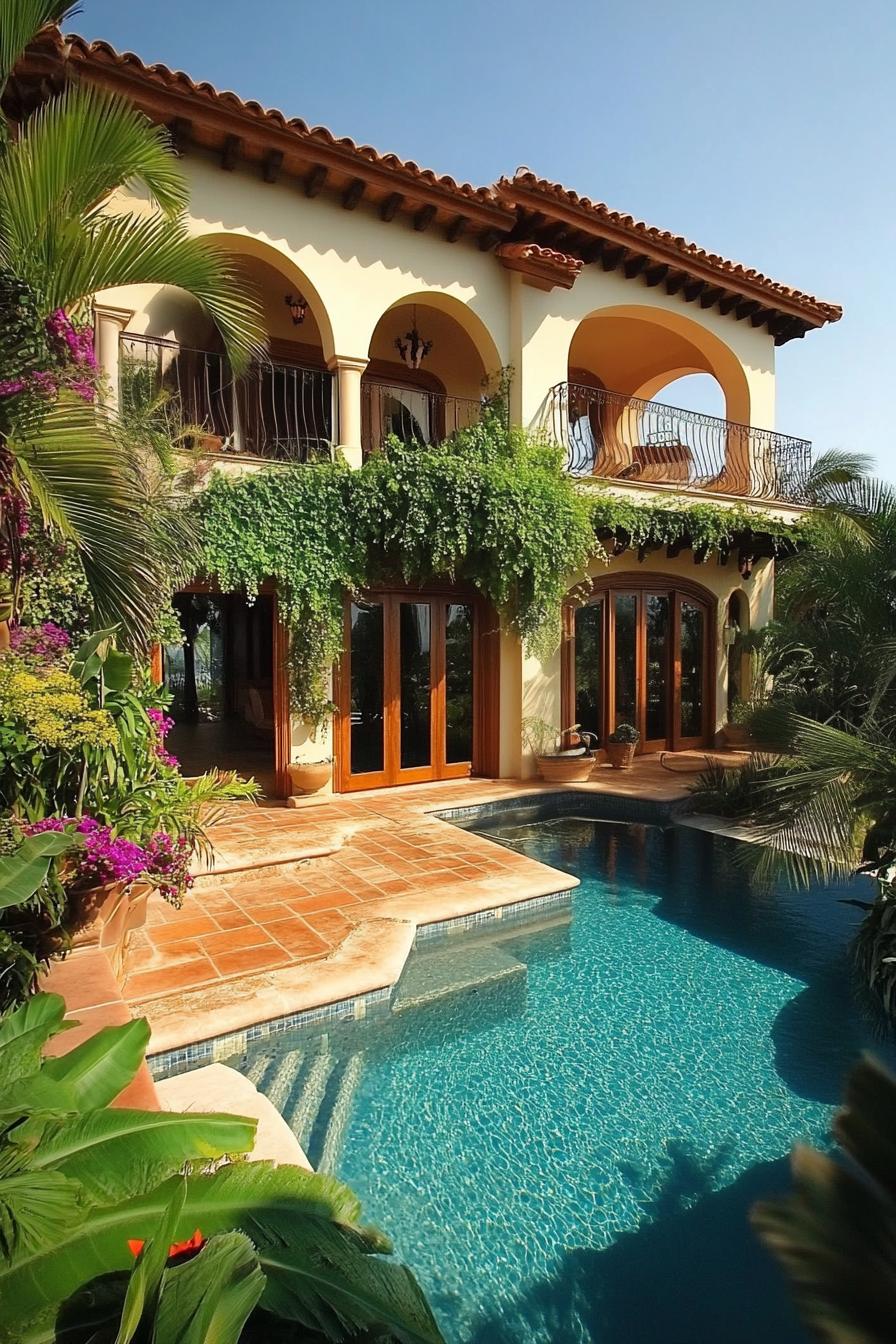 Spanish villa with lush greenery, vibrant tiles, and a sparkling pool