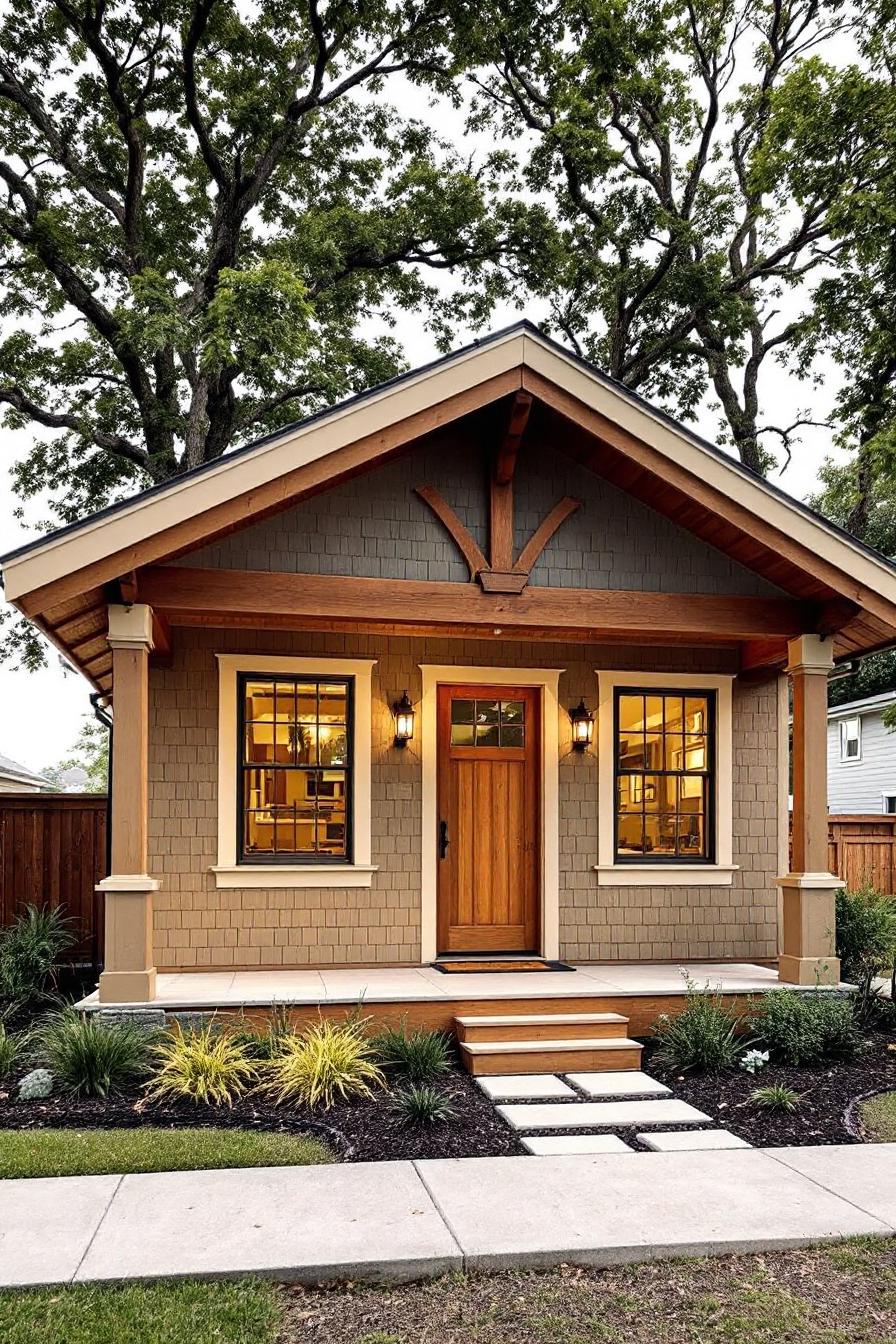 Craftsman farmhouse with wooden accents and glowing windows