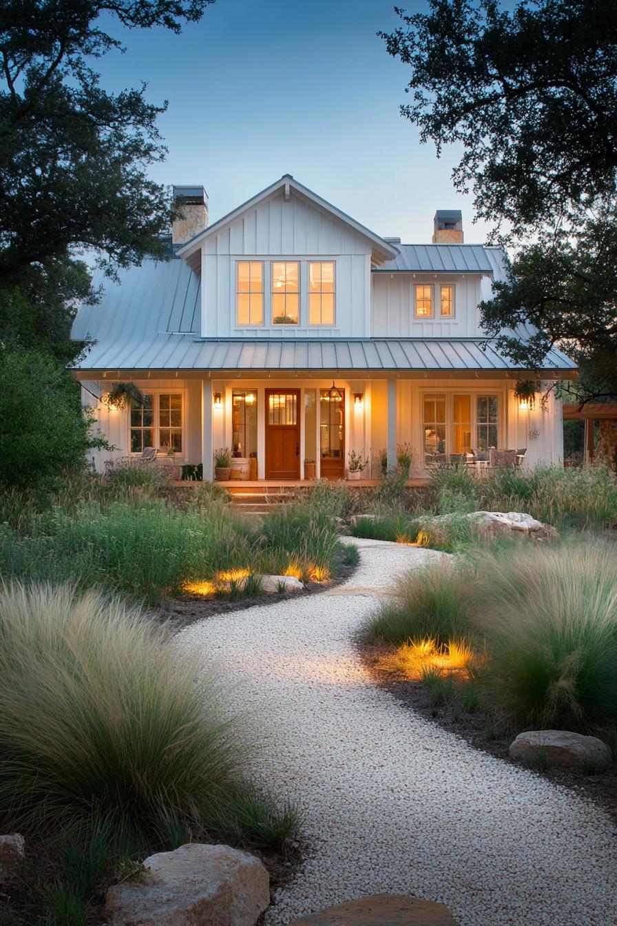 Quaint farmhouse with lit pathway