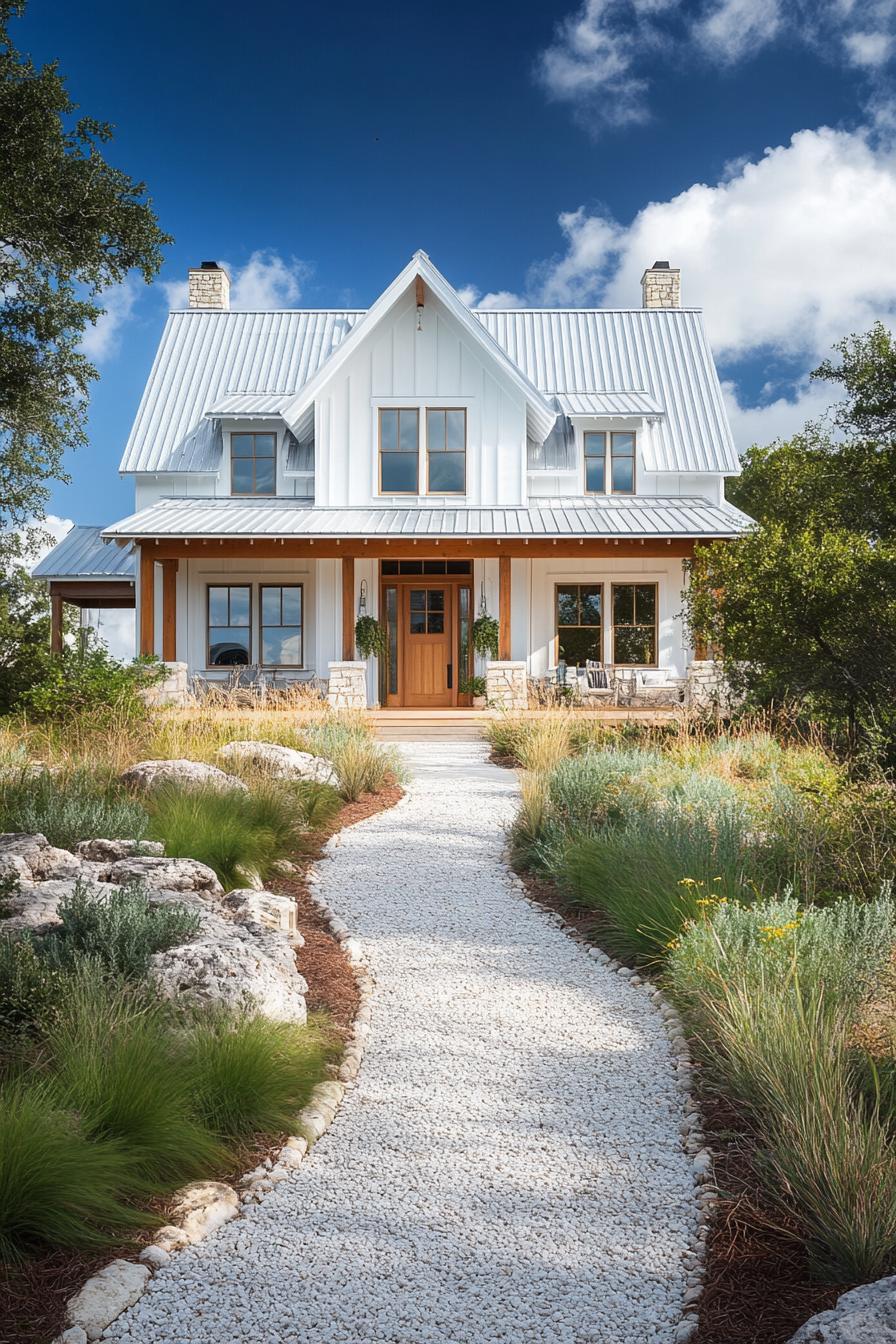 Farmhouse surrounded by greenery and a gravel path