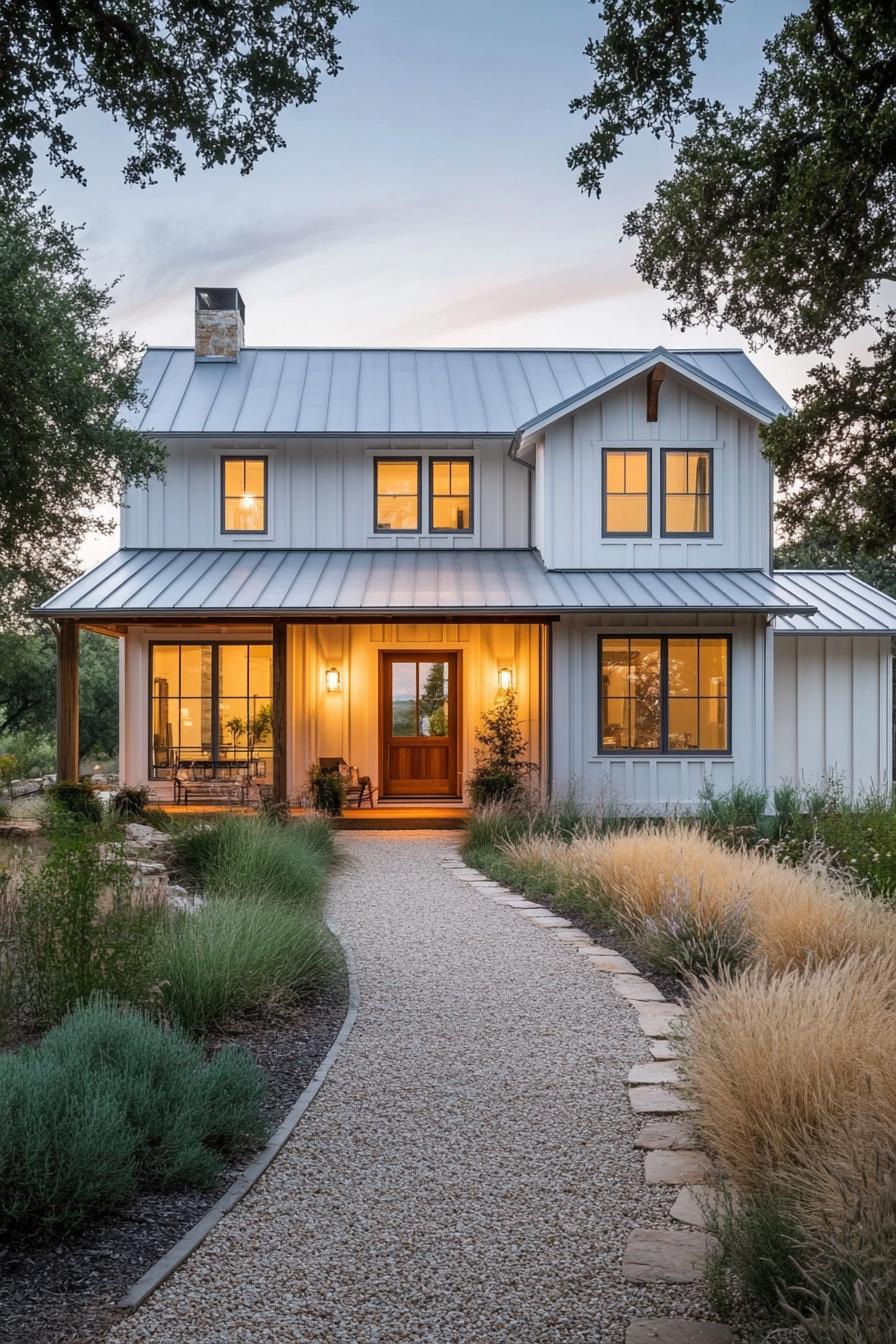 Cozy farmhouse with warm lights and inviting path