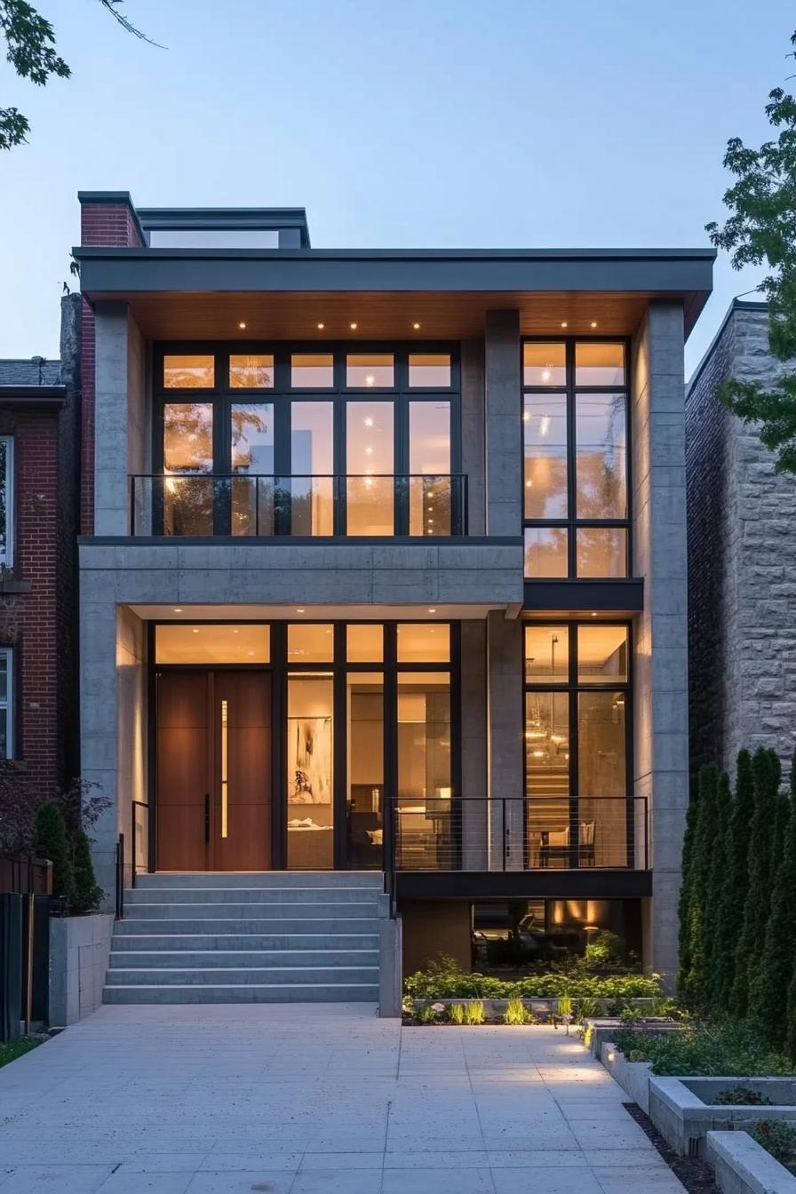 Contemporary house with glass facade and warm lighting